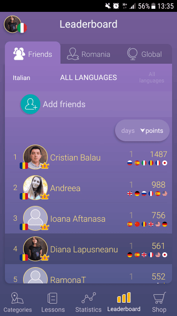 Screenshot of Mondly App Leaderboard Using LXP Gamification Feature