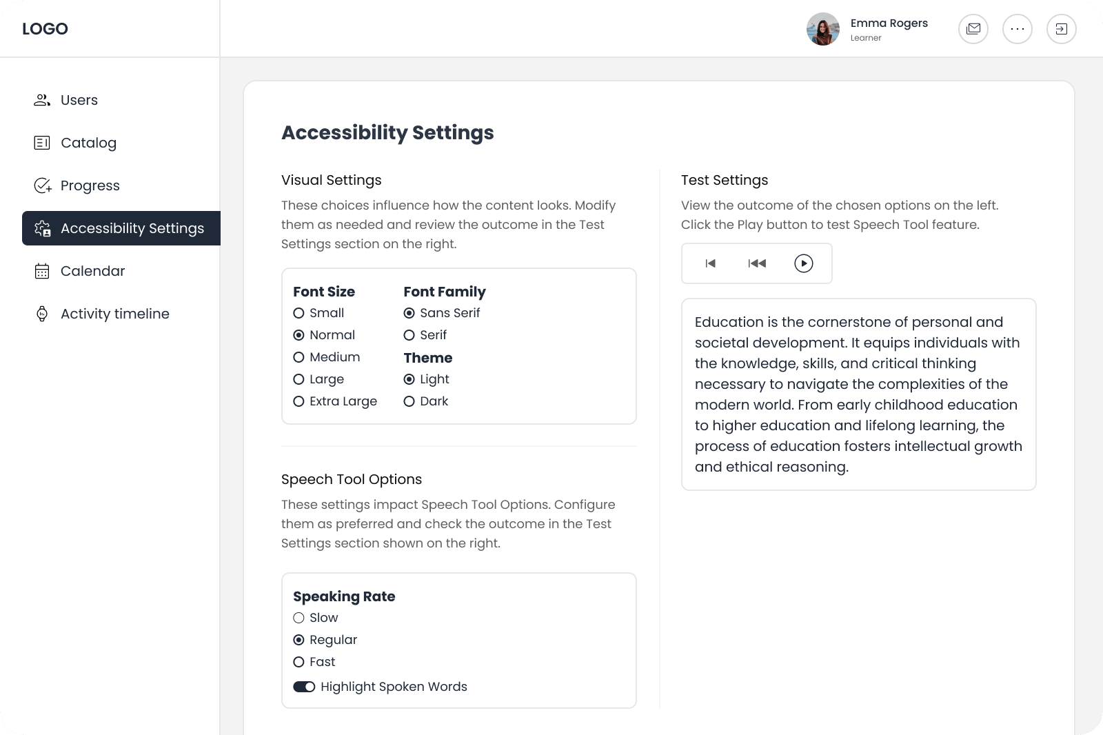 Accessibility settings in our elearning projects