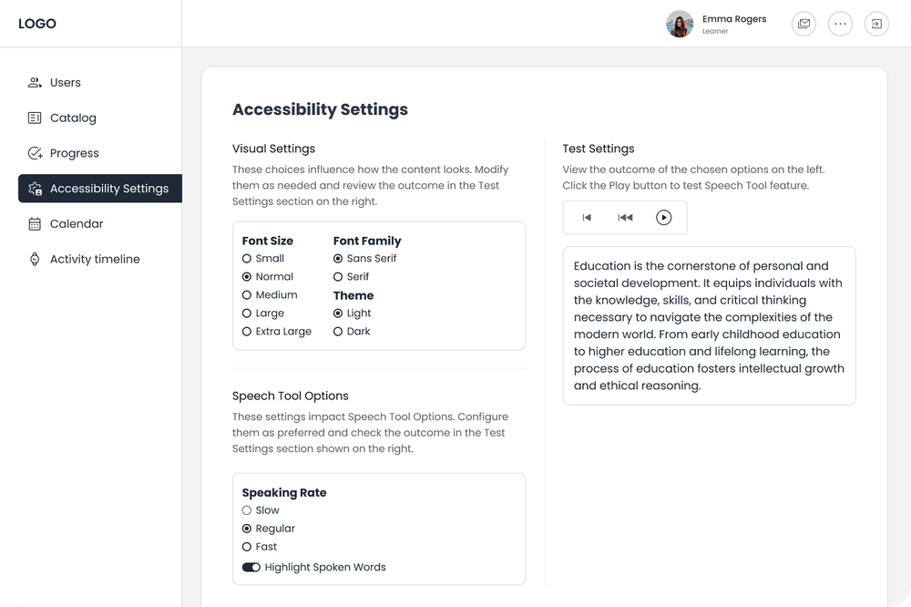 Accessibility settings in our elearning projects Accessibility settings in our elearning projects