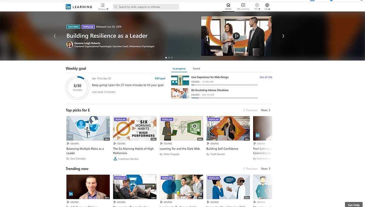 Screenshot of LinkeIn Learning Platform Homepage