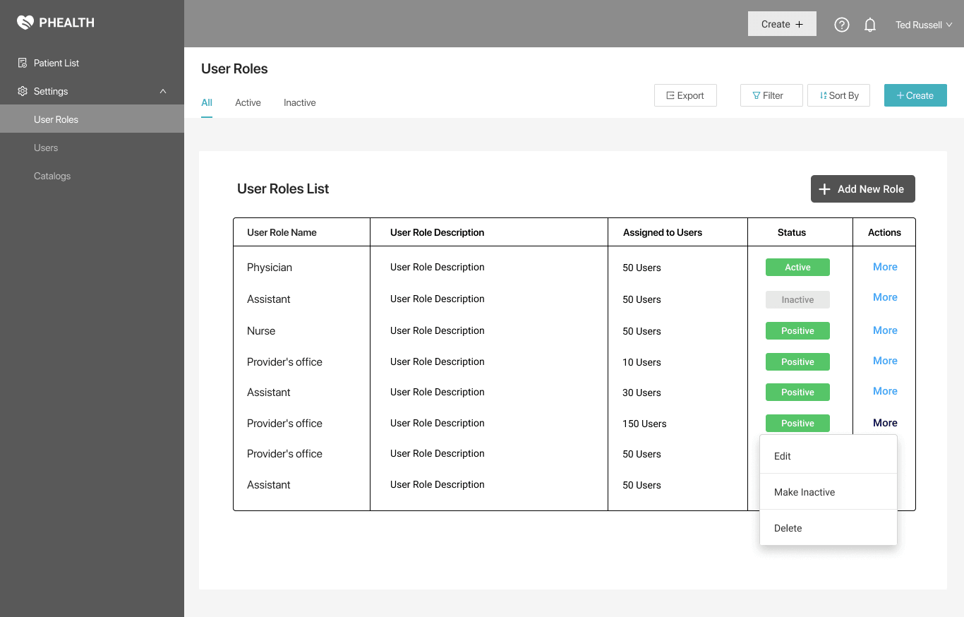 Screenshot of HIPAA Compliant PHealth App from Aristek Systems. Role-Based Model Guarantees Different Levels of Access.