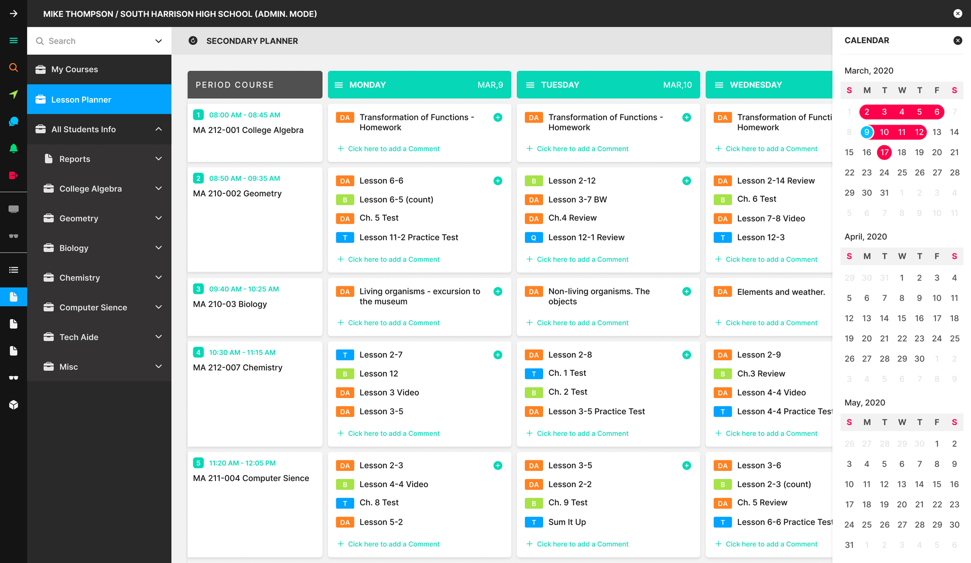 Screenshot of Lesson Planner at bSchools Student Information System (SIS) Software by Aristek Systems.