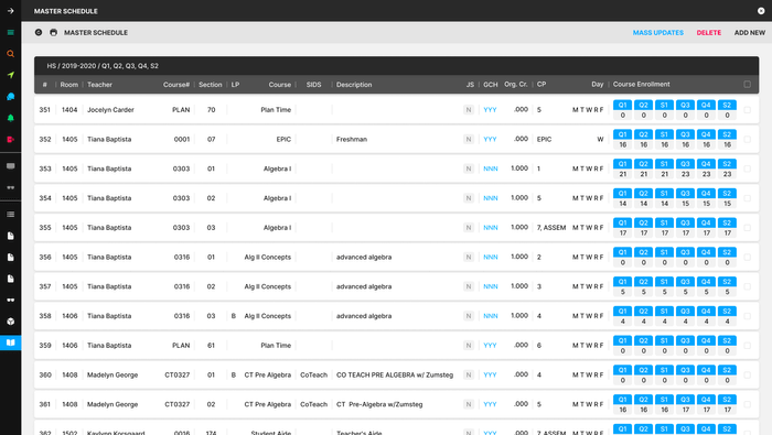 Master Schedule Screenshot in bSchools Student Information System (SIS) Software by Aristek Systems.