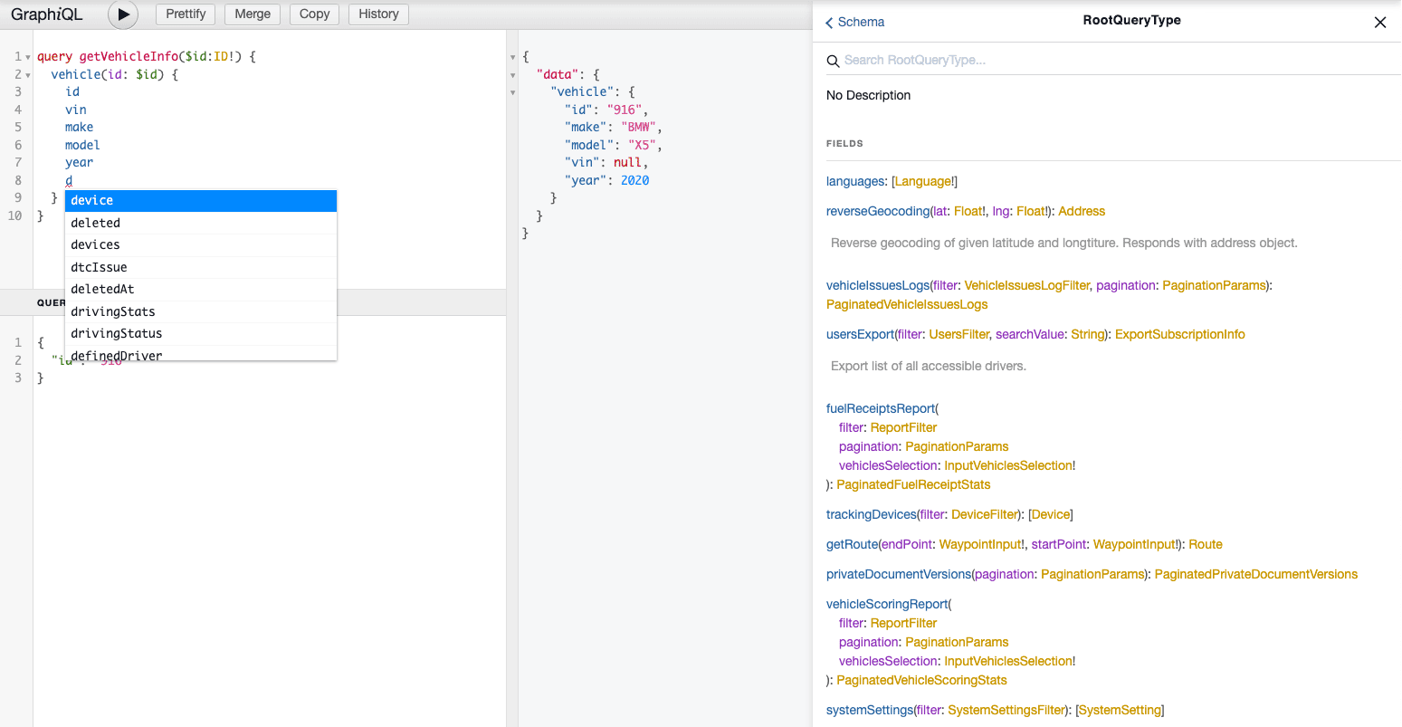 GraphiQL displays the available filters for one of the endpoints